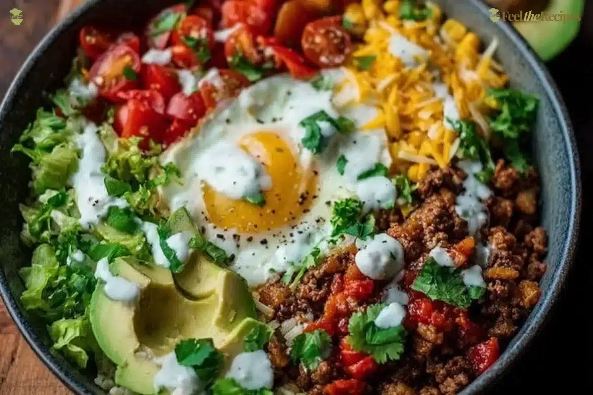 Low carb burrito bowl with protein ingredients for a quick breakfast