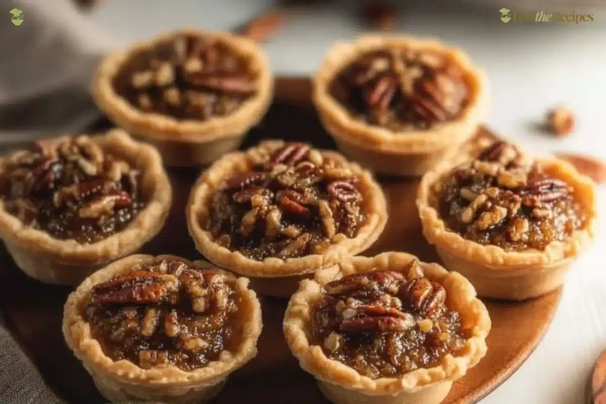 Delicious fail-proof mini pecan pies served on a rustic wooden table