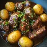 Delicious Garlic Butter Beef Bites served with golden roasted potatoes.