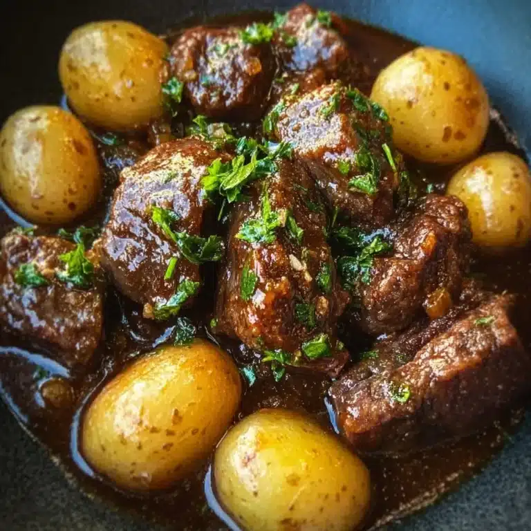Delicious Garlic Butter Beef Bites served with golden roasted potatoes.