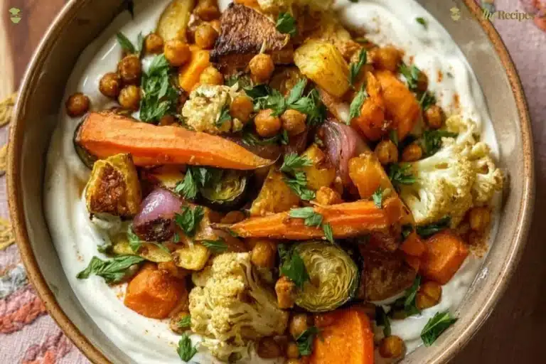 Glow Bowl with roasted vegetables and tahini yogurt sauce served in a bowl.