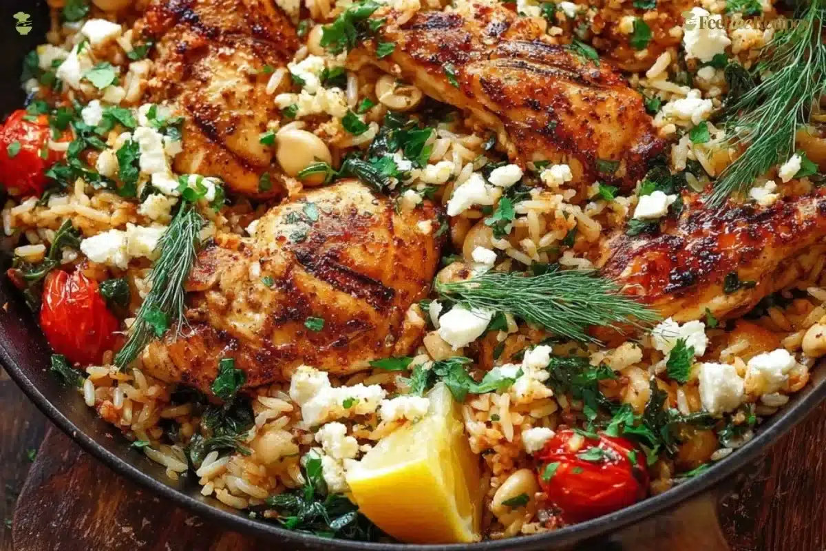 Delicious Greek Chicken served with fluffy lemon rice on a plate