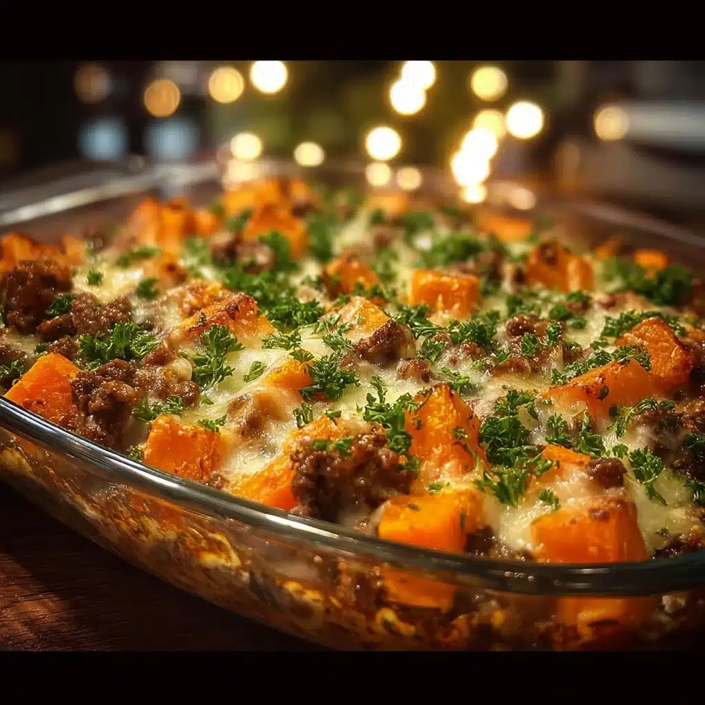 Baked ground turkey with sweet potatoes in a colorful dish
