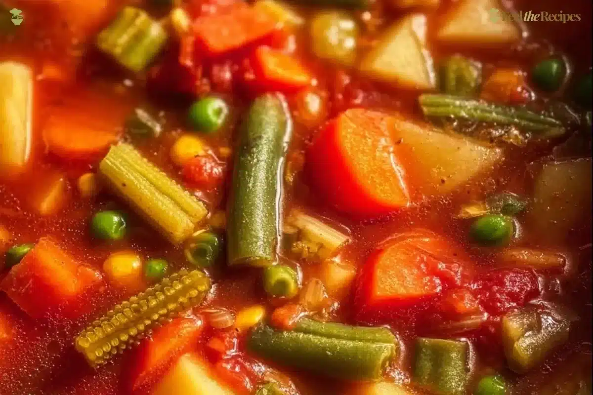 Bowl of hearty vegetable soup filled with fresh vegetables and herbs