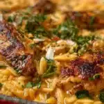 High protein chicken orzo dish with vegetables and herbs