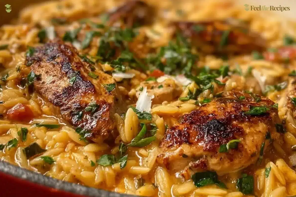 High protein chicken orzo dish with vegetables and herbs
