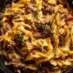 High protein creamy beef pasta served in a bowl for a quick weeknight dinner.