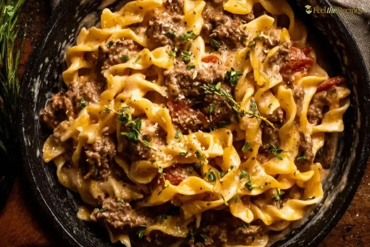 High protein creamy beef pasta served in a bowl for a quick weeknight dinner.