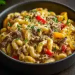 High-protein creamy Philly Cheesesteak Mac & Cheese served in a bowl