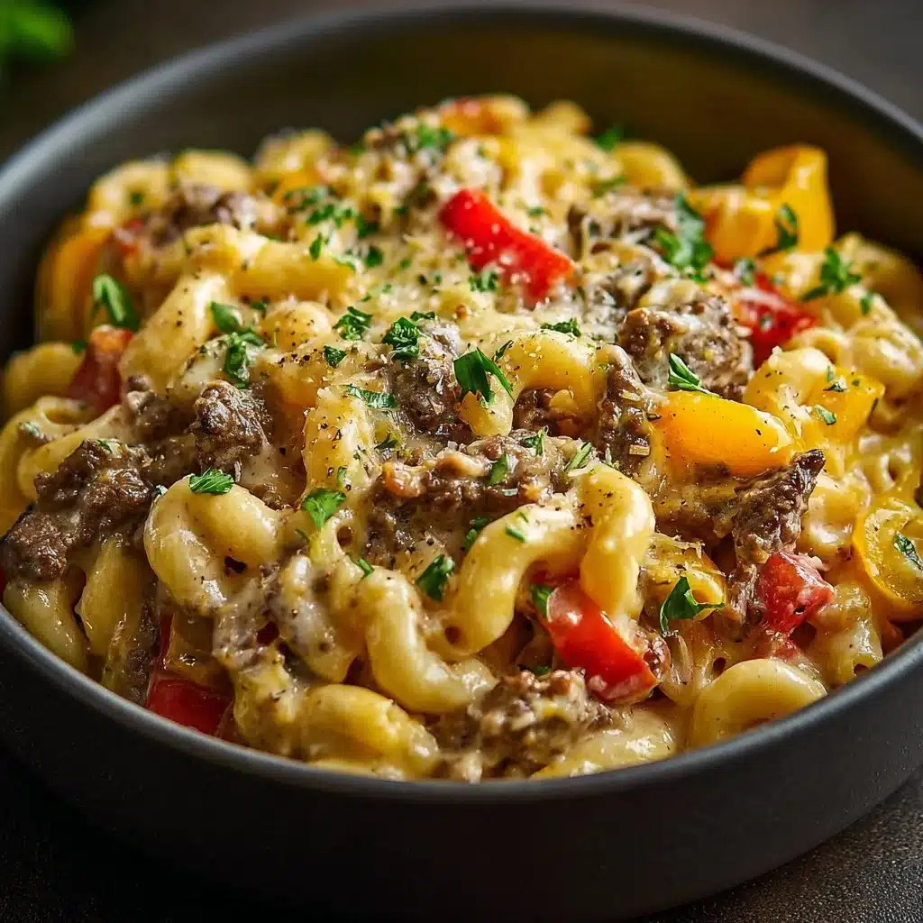 High-protein creamy Philly Cheesesteak Mac & Cheese served in a bowl