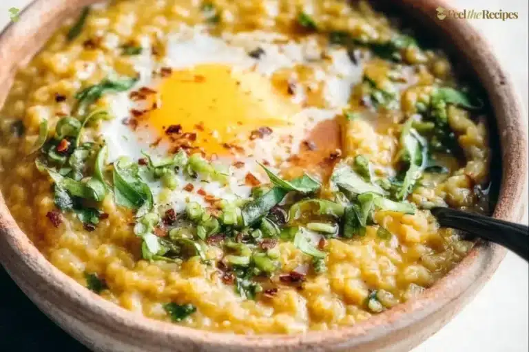 Bowl of high-protein savory oatmeal topped with vegetables and herbs