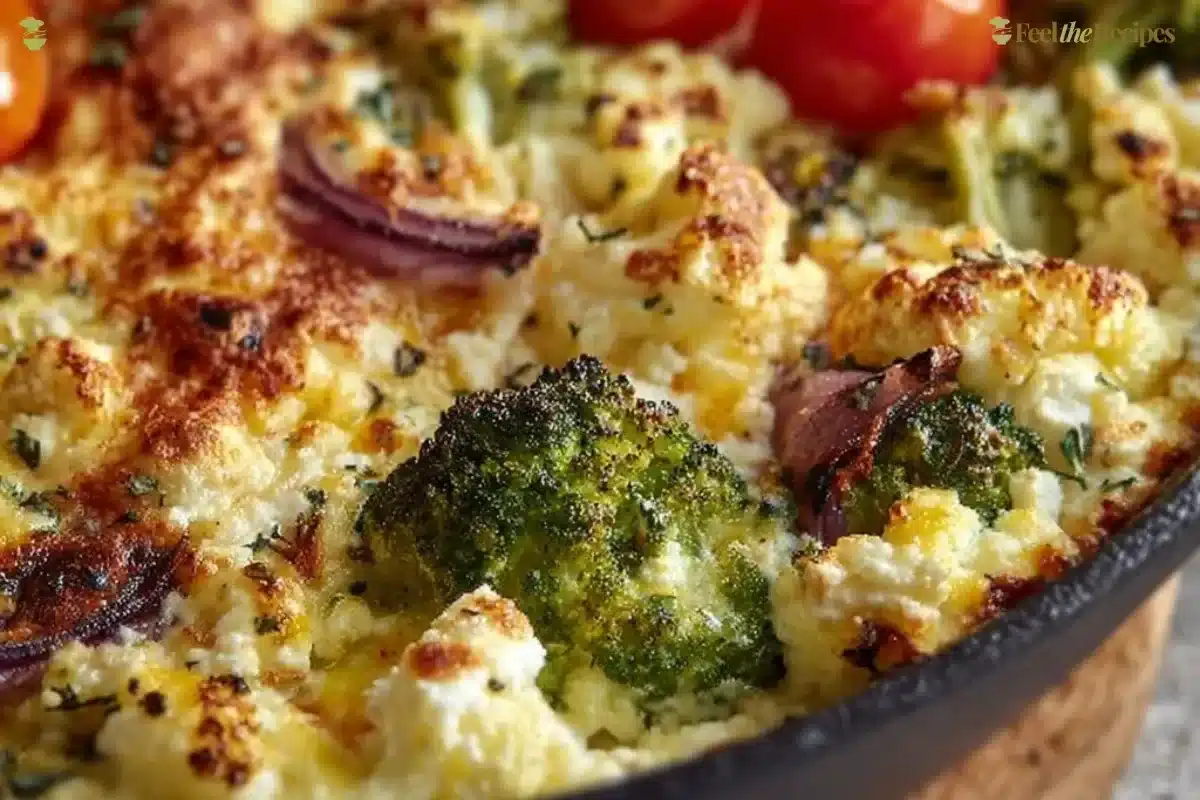 High-protein veggie bake with cottage cheese served in a dish