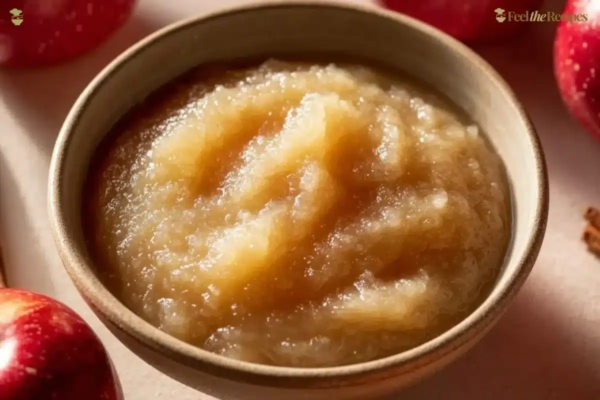 Bowl of homemade unsweetened applesauce prepared with fresh apples.