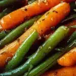 Delicious honey glazed carrots and green beans on a plate