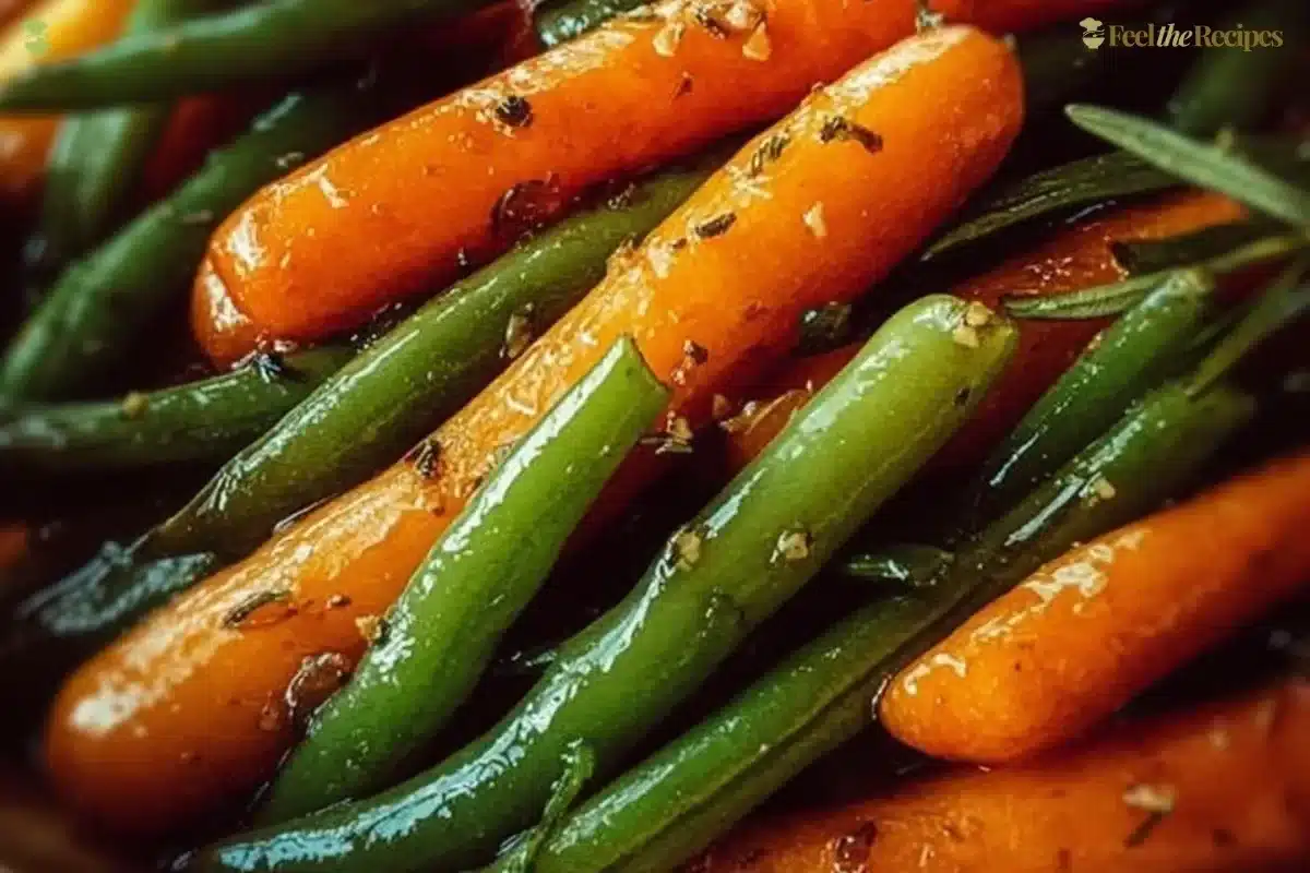 Delicious honey glazed carrots and green beans on a plate