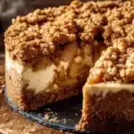 Delicious apple crumble cheesecake topped with crumbles and apples