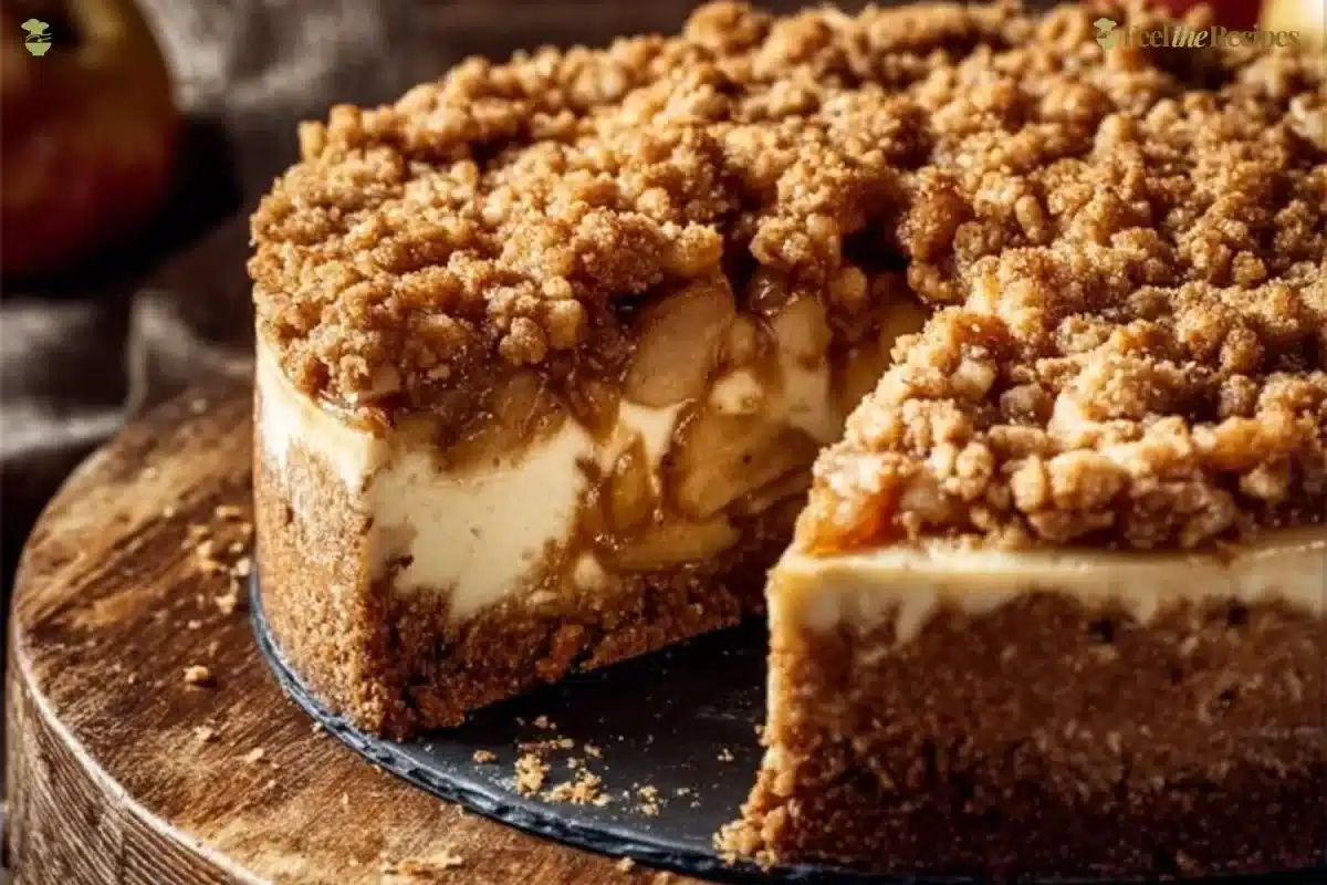 Delicious apple crumble cheesecake topped with crumbles and apples