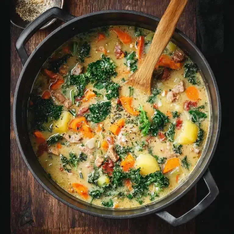 Bowl of Italian sausage and white bean soup garnished with herbs