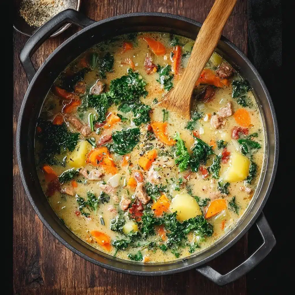 Bowl of Italian sausage and white bean soup garnished with herbs