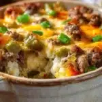 Low Carb Philly Cheesesteak Casserole in a dish, topped with melted cheese and peppers.