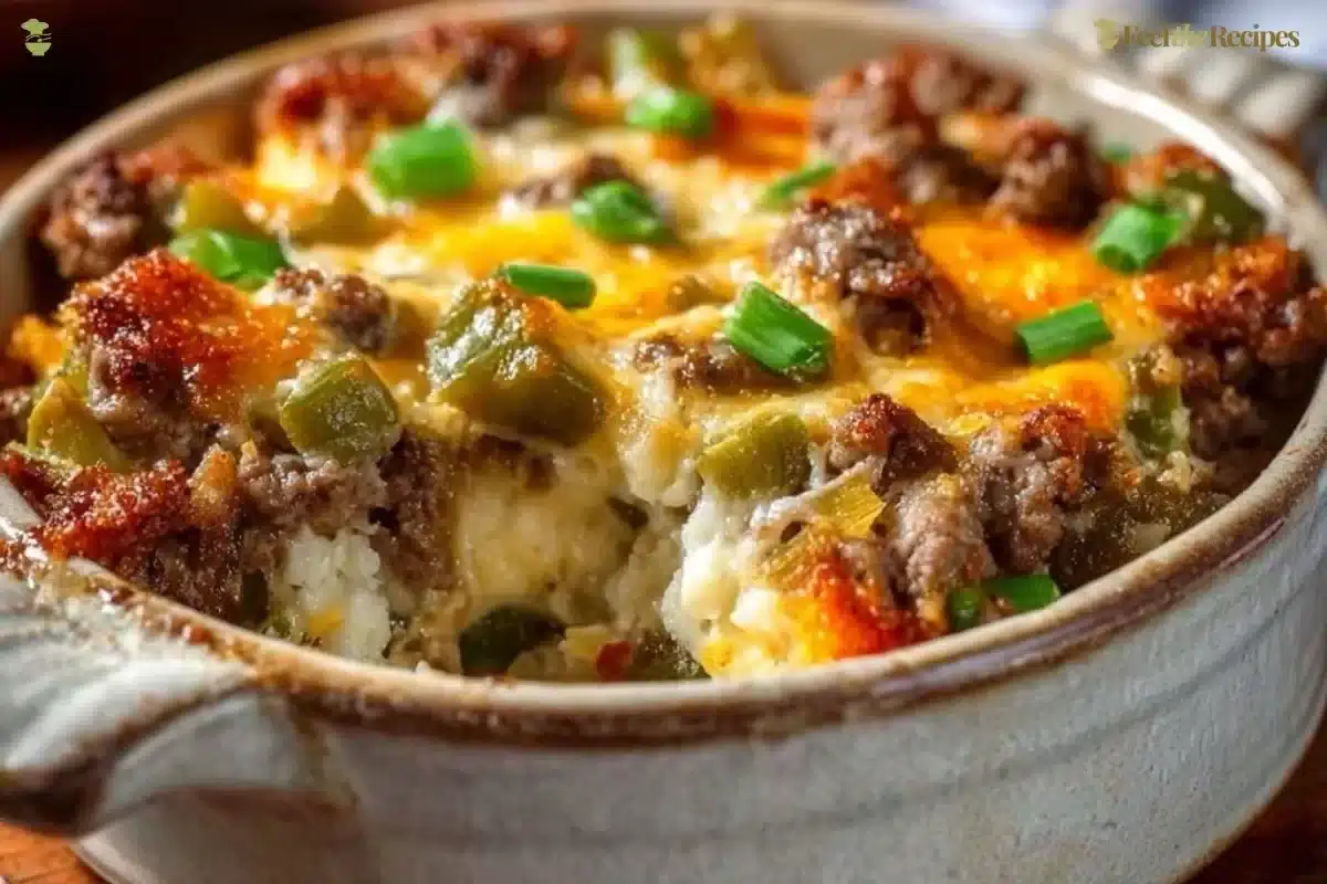 Low Carb Philly Cheesesteak Casserole in a dish, topped with melted cheese and peppers.