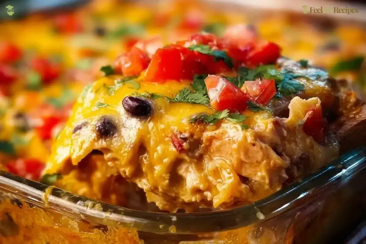 Delicious Mexican chicken casserole baked with spices and cheese.