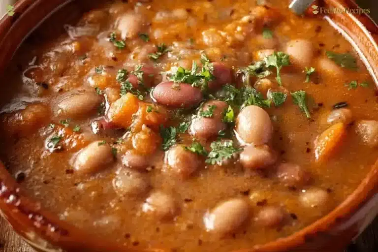 Delicious bowl of Mexican Pinto Bean Soup garnished with herbs