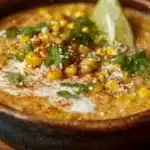 Bowl of Mexican Street Corn Soup topped with fresh cilantro and cheese