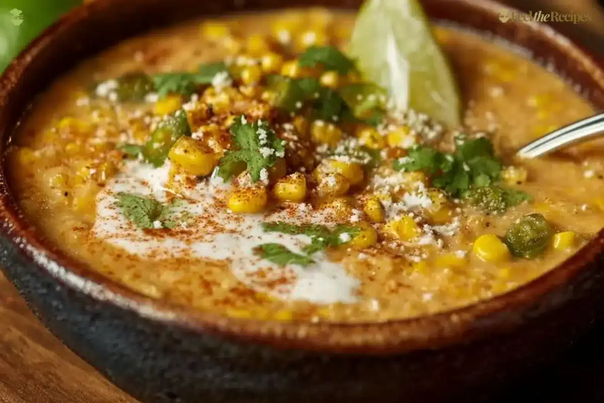 Bowl of Mexican Street Corn Soup topped with fresh cilantro and cheese