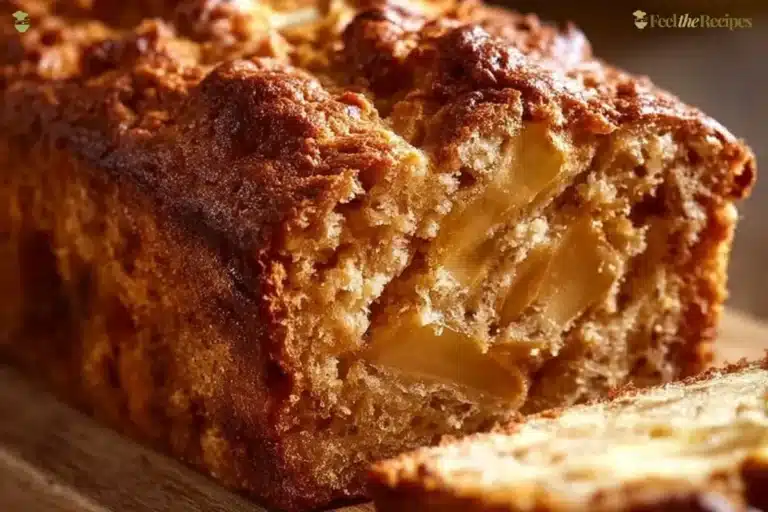 Moist apple loaf cake with fresh apple slices on a wooden table