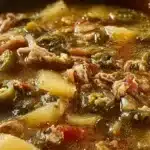 Bowl of delicious New Mexico green chile stew topped with fresh herbs