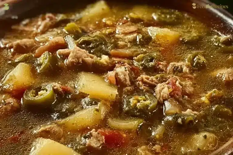 Bowl of delicious New Mexico green chile stew topped with fresh herbs