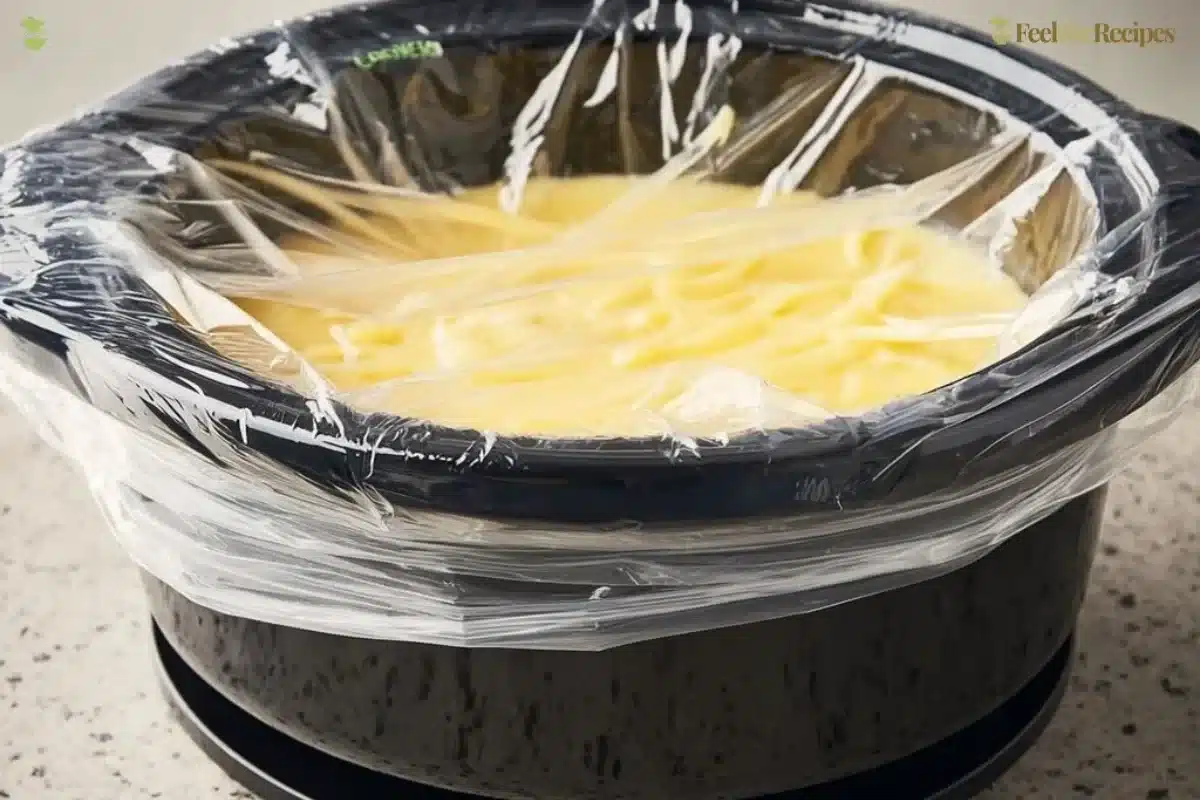 Delicious overnight slow cooker breakfast casserole served warm with herbs.