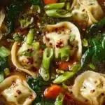 Bowl of homemade potsticker soup with dumplings and green onions
