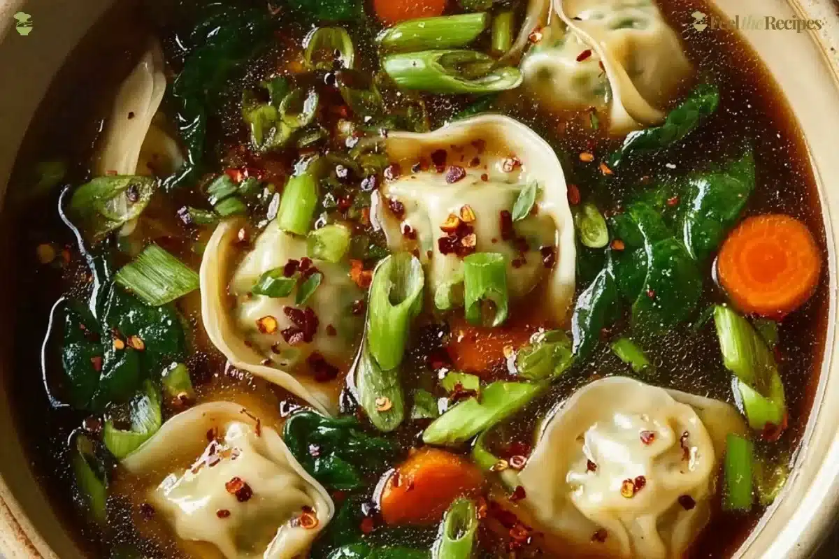 Bowl of homemade potsticker soup with dumplings and green onions