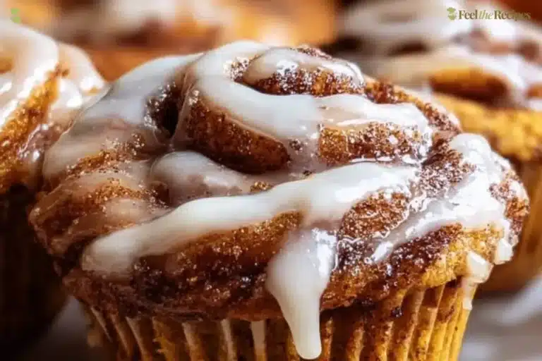 Delicious homemade Pumpkin Cinnamon Roll Muffins with cinnamon glaze