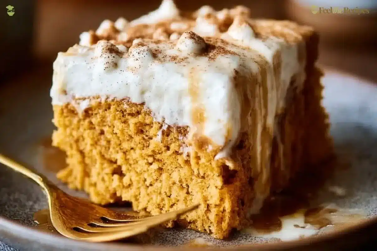 Pumpkin Tres Leches cake made with cake mix, topped with creamy pumpkin frosting.