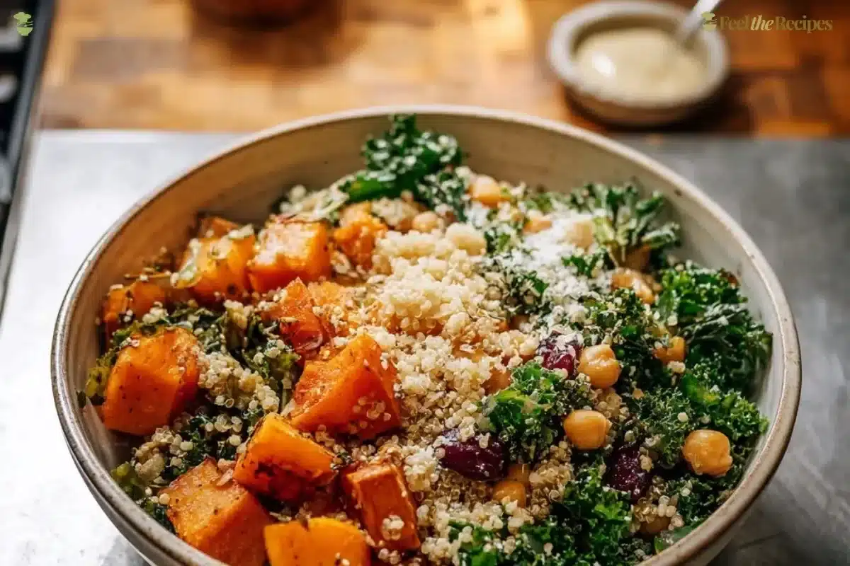 Quinoa harvest bowl with sweet potato and kale garnished with herbs