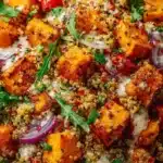 Roasted sweet potato quinoa salad with veggies, nuts, and dressing in a bowl