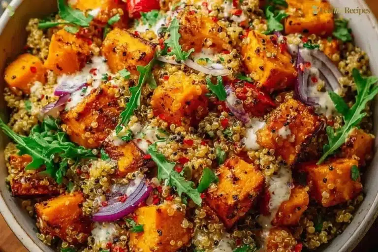 Roasted sweet potato quinoa salad with veggies, nuts, and dressing in a bowl