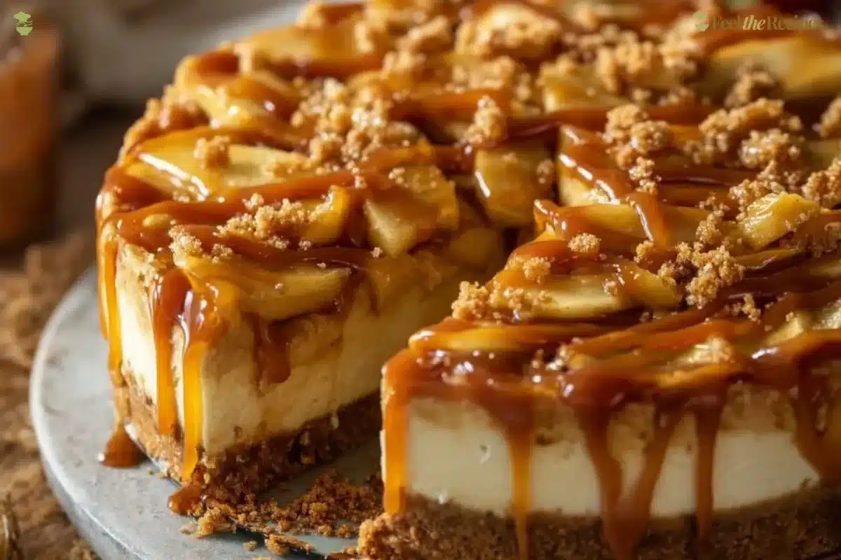 Delicious salted caramel apple pie cheesecake topped with caramel drizzle.