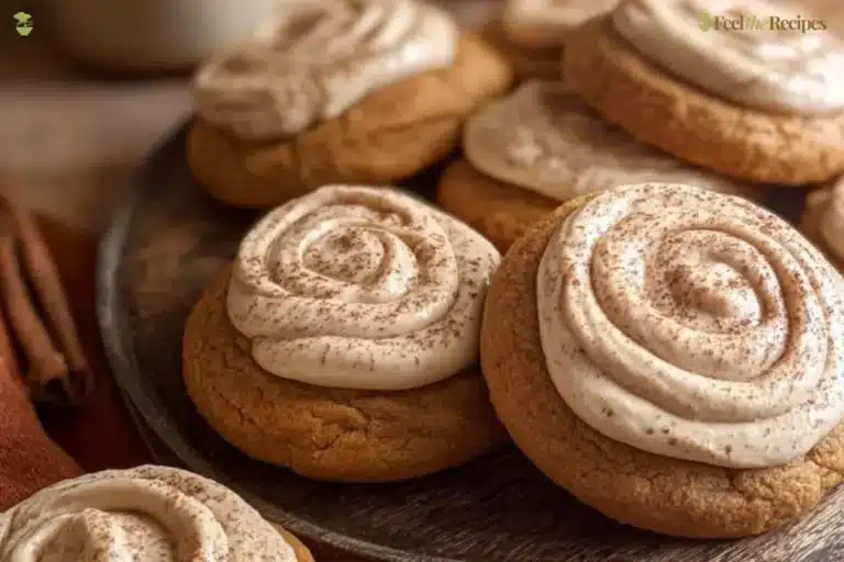 Soft pumpkin cookies drizzled with cinnamon frosting on a baking tray