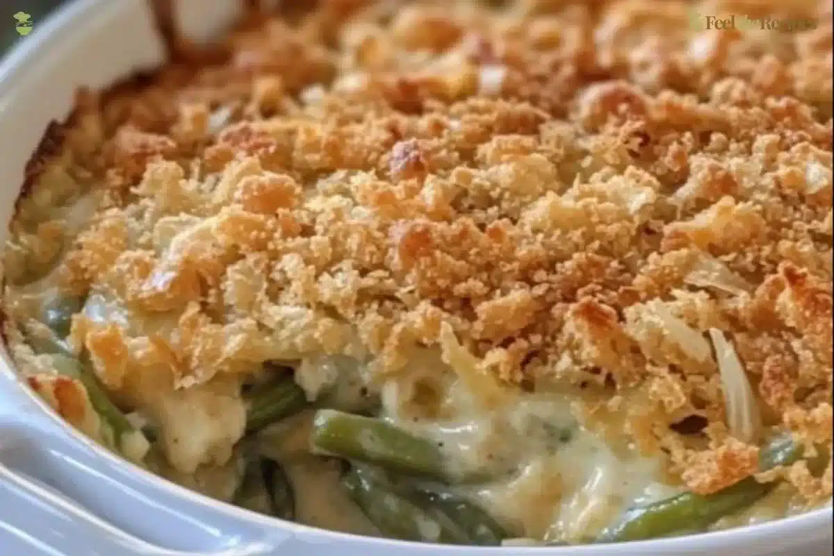 Delicious Southern-Style Green Bean Casserole served in a baking dish