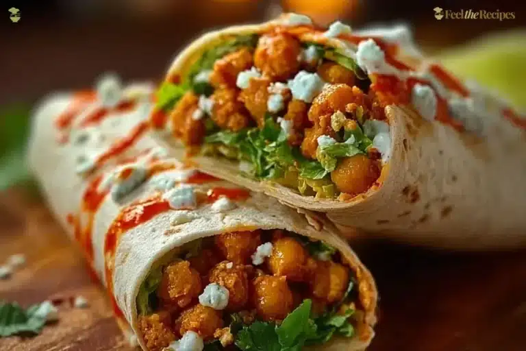 Spicy Buffalo Chickpea Wraps served with fresh greens and sauce