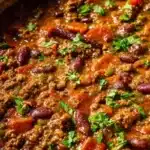 Delicious bowl of spicy steak chili topped with cheese and cilantro.