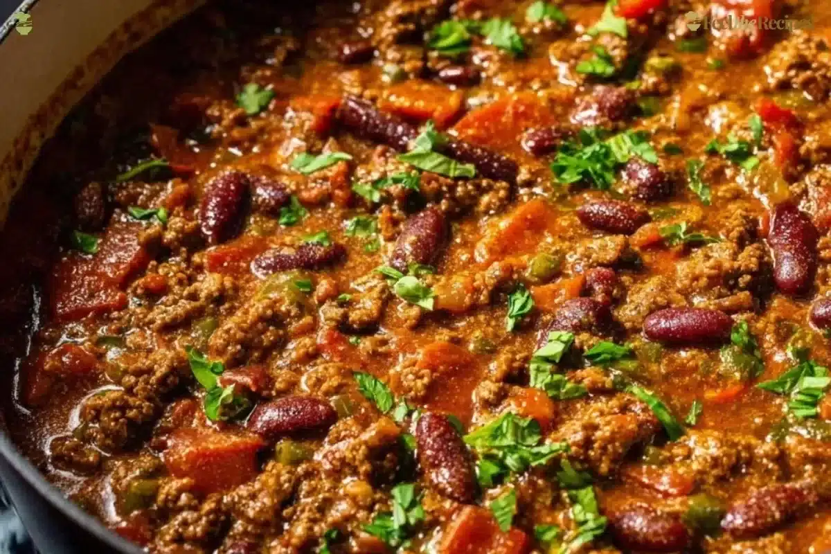 Delicious bowl of spicy steak chili topped with cheese and cilantro.