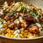 Street Corn Chicken Rice Bowl with juicy chicken and fresh corn