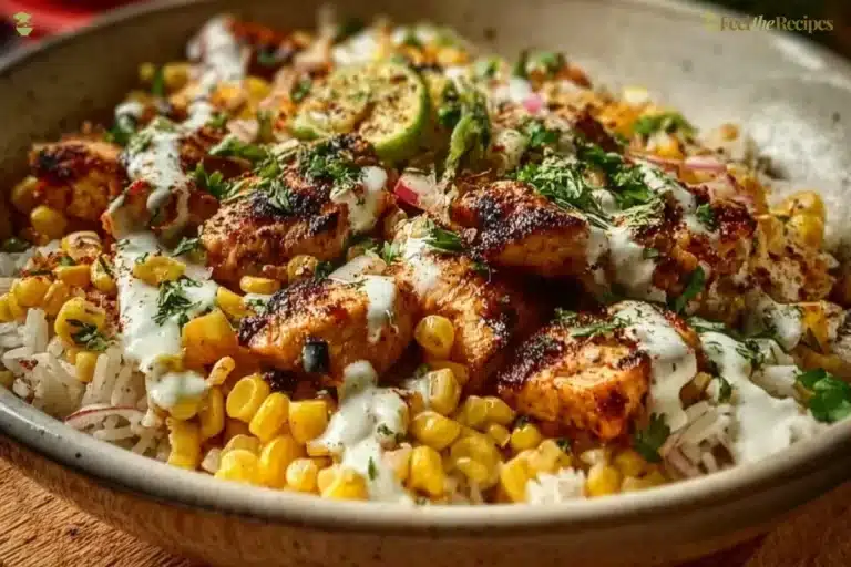 Street Corn Chicken Rice Bowl with juicy chicken and fresh corn