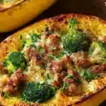 Stuffed spaghetti squash with broccoli and spicy Italian sausage dish