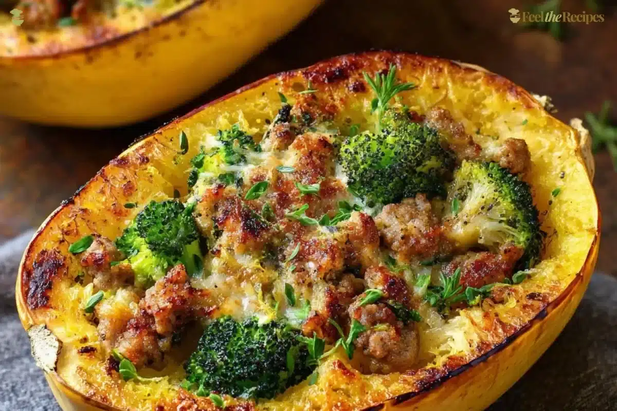 Stuffed spaghetti squash with broccoli and spicy Italian sausage dish